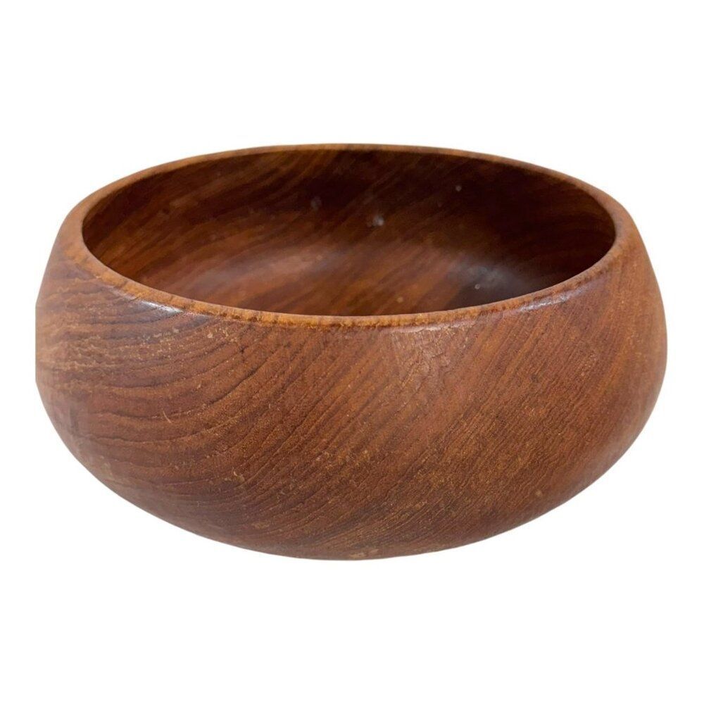 Vintage Teak Salad Wooden Bowl  9” Rustic Chic Centerpiece Carved Wood Fruit